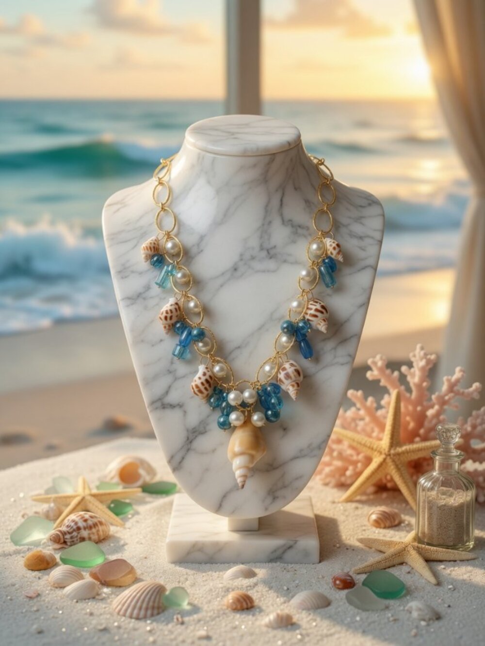 Seashell Statement Necklace, Blue Bead Pearl Beach Necklace, Gold Nautical Coast